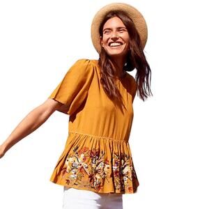 Bhanuni By Jyoti Dariela Beaded Short Sleeve Peplum Top Blouse Golden Yellow XS